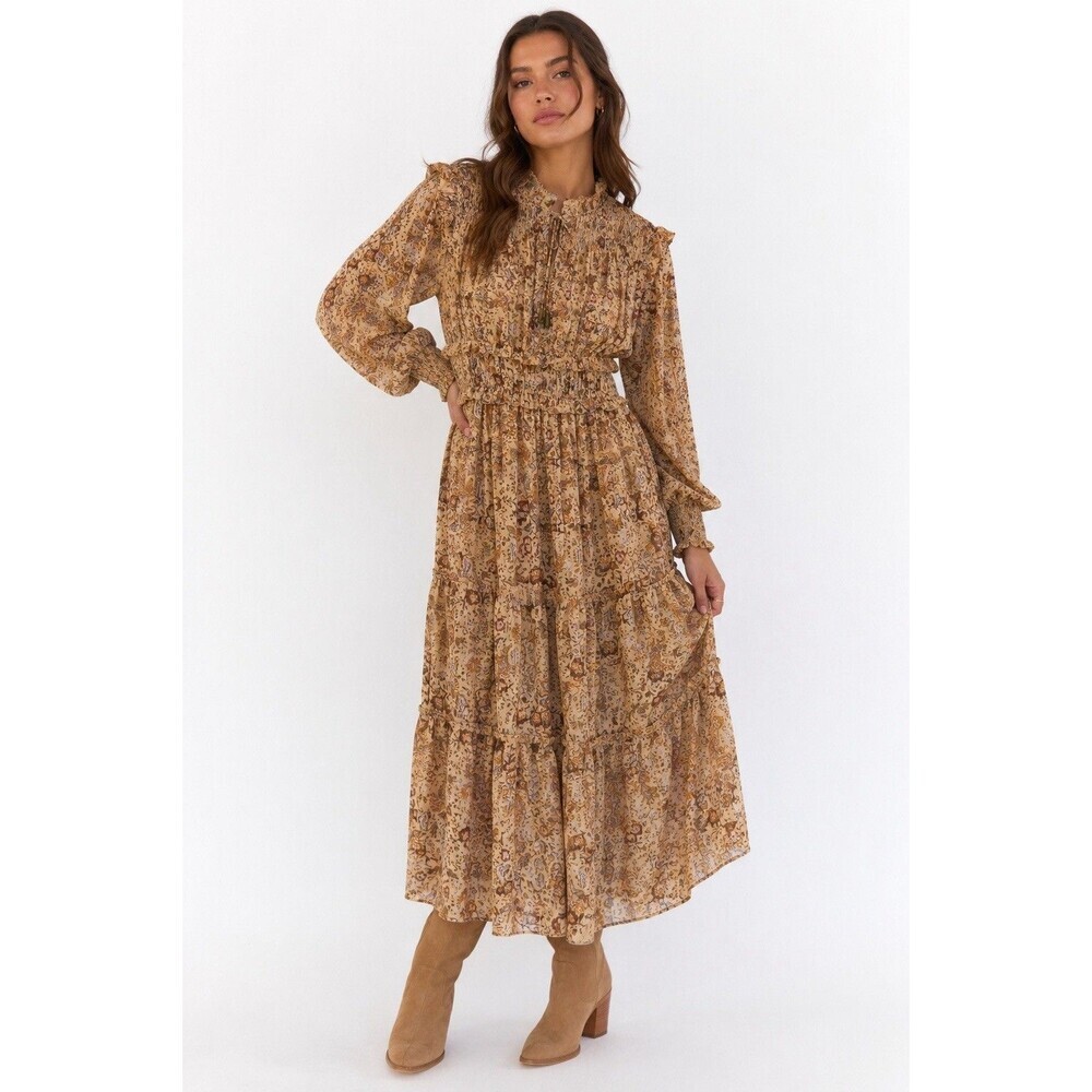 Olivaceous Sz S Fall Rust Floral Maxi Dress Boho Cottagecore Smocked Ruffle NWT